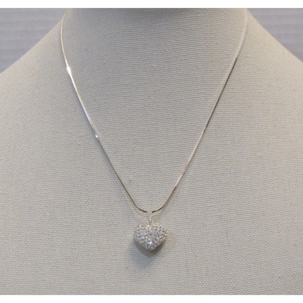 Silver‎ Tone Pave Crystal Puffed Heart Pendant Necklace 18 Inch Chain Romantic